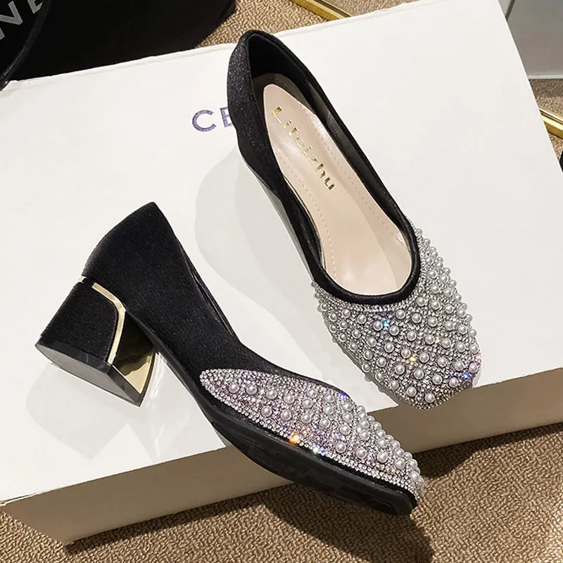 2025 Spring Summer Women Fashion Pumps New OL Party Square Casual High Heels Shoes Ladies Rhinestone Pearl Loafers 35-43