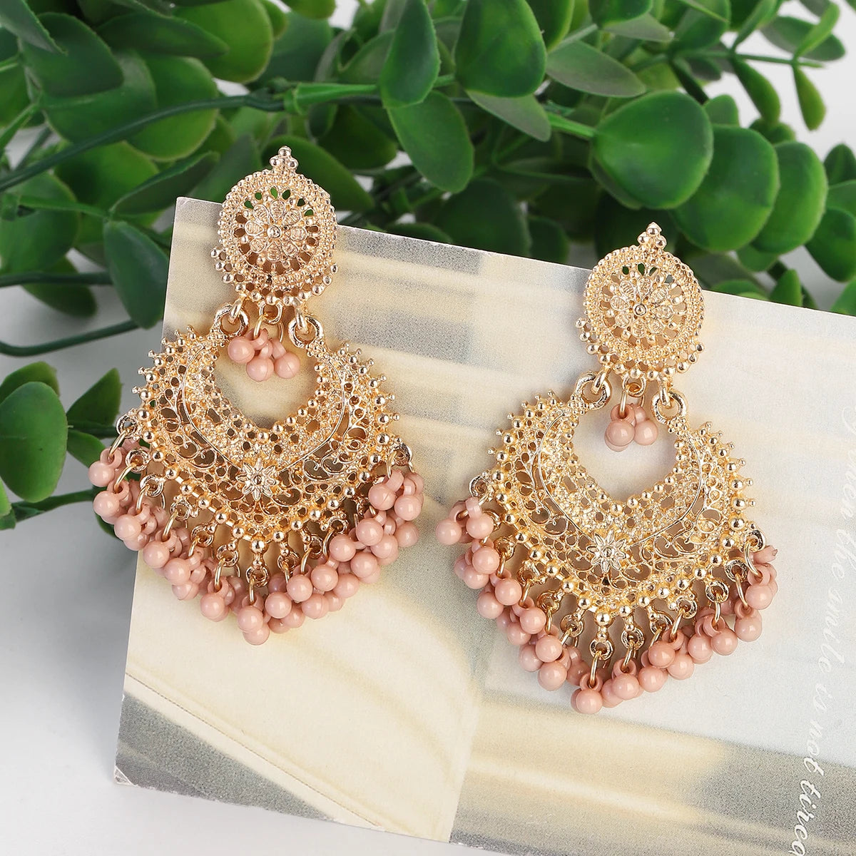 Boho Gold Color Heart Shape Carved Flower Dangle Earrings for Women Indian Jhumka Earrings