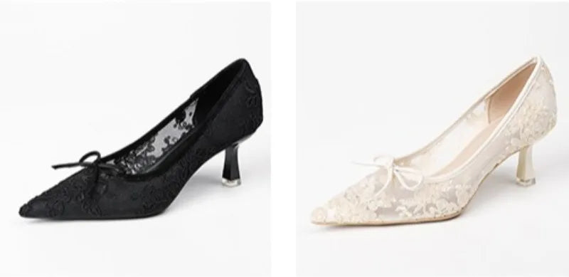Pumps Women's 2026 Spring New Lace Pointed Bow Mesh Fine Heel Light Mouth Solid Color Temperament Elegant Banquet Women's Shoes