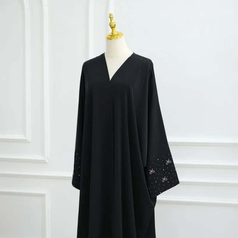 Luxury Dubai Abaya with Beaded Bow Modest Dress for Muslim Women Elegant Open Front Cover Cardigan Fashion Plain Turkey Outfit
