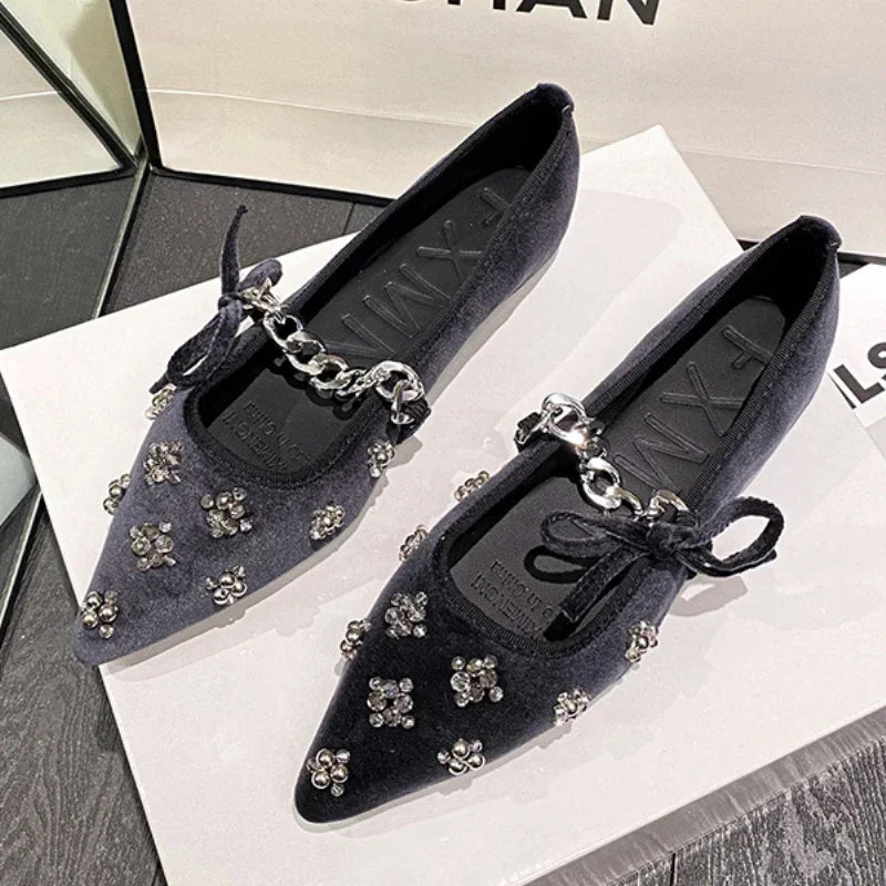 Metal Chain Design Pointed Toe Ballet Shoes Women Luxury Rhinestone Decoration Flats Mary Jane Shoes Fashion Banquet Dress Shoes