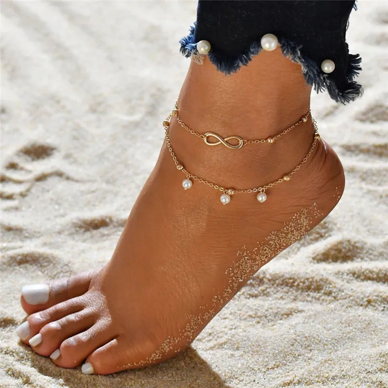 Modyle New Fashion Bohemian Simulated Pearl Chain Wedding Anklet Bracelet for Women Gold Color Shell Pendant Anklet Jewelry Gift