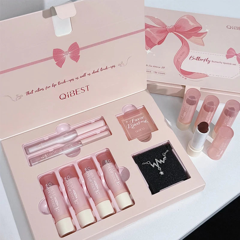 7Pcs/Box Makeup Sets 4PCS Velvet Nude Liquid Lipstick,1 Lip Cream,1 Lip Oil,1 Face Blush Palette And Necklace Gift Cosmetic Kits