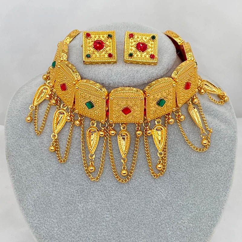 24k Habesha Necklace Earrings Dubai Jewelry sets for Women Saudi Arabia Colored Stone Chokers Rope African Wedding Eritrean Gift