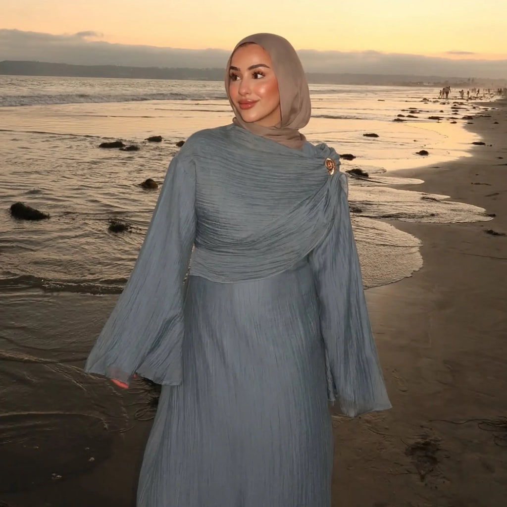 Two Piece Middle East Muslim Cardigan Set for Women Ramadan Eid Dubai Modest Abaya Dress Elegant Islam Solid Turkey Robe Outfit