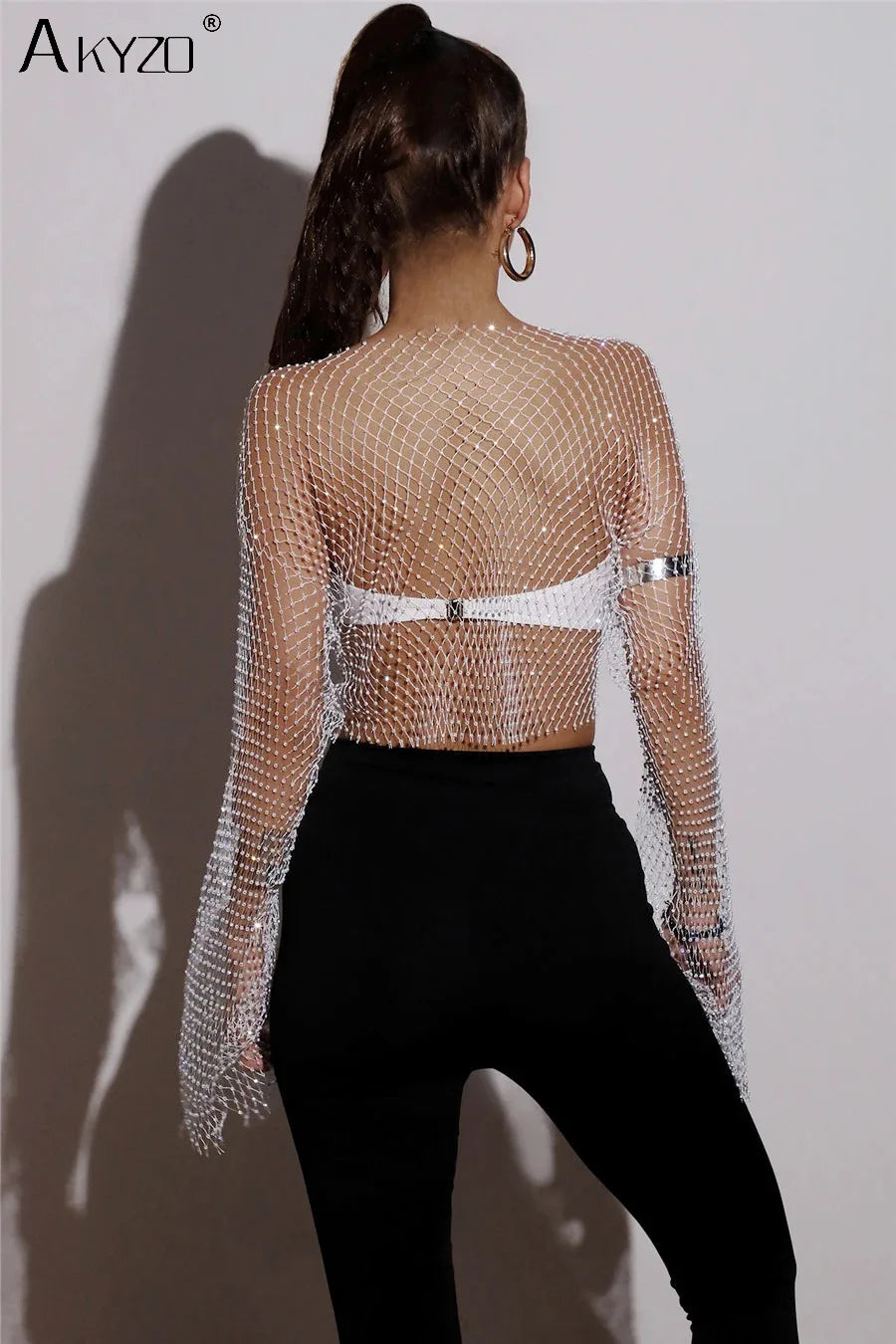 Autumn Women Sexy See Through Fishnet T Shirt Glitter Rhinestone Hollow Mesh Long Sleeve Crop Tops Nightclub Party Festival Top