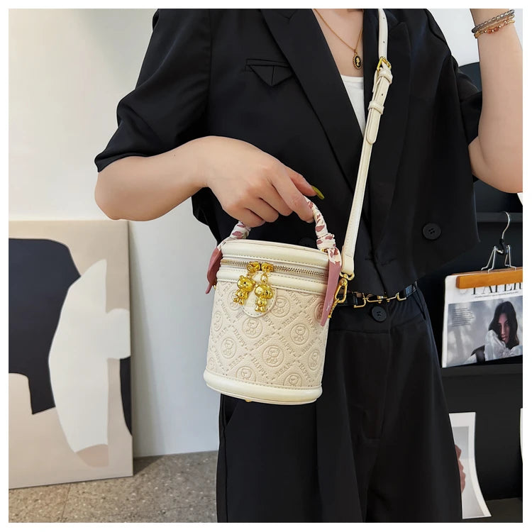 cute bear design crossbody bags for women,mellifluous women's handbag,knurling cylindrical shoulder purse,Girl handbag purse