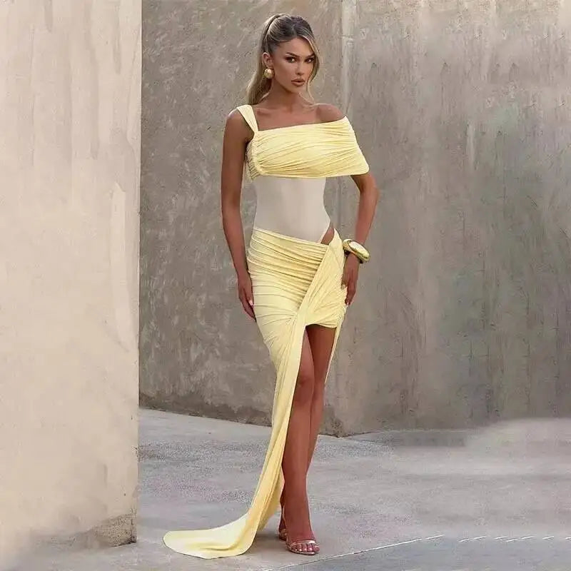 Townlike Pleated Slim Bodycon Maxi Long Dress Women Off Shoulder 2025 Autumn Winter Dress Lace Patchwork Sexy Party Dresses
