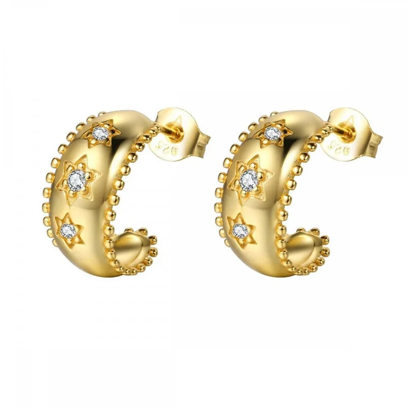 Vintage Stainless Steel Zircon Star Hoop Earrings for Women French Design 18K Gold Plated Chain Earring Punk Unisex Rock Jewelry