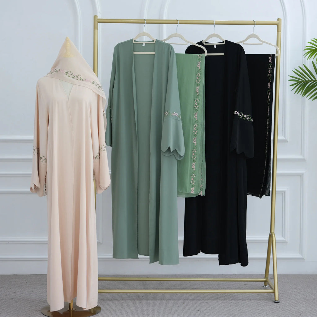 Embroidery Open Abaya and Hijab 2 Piece Set Muslim Dress Abayas for Women Dubai Luxury Islamic Clothing Kaftan Robe Ramadan Eid