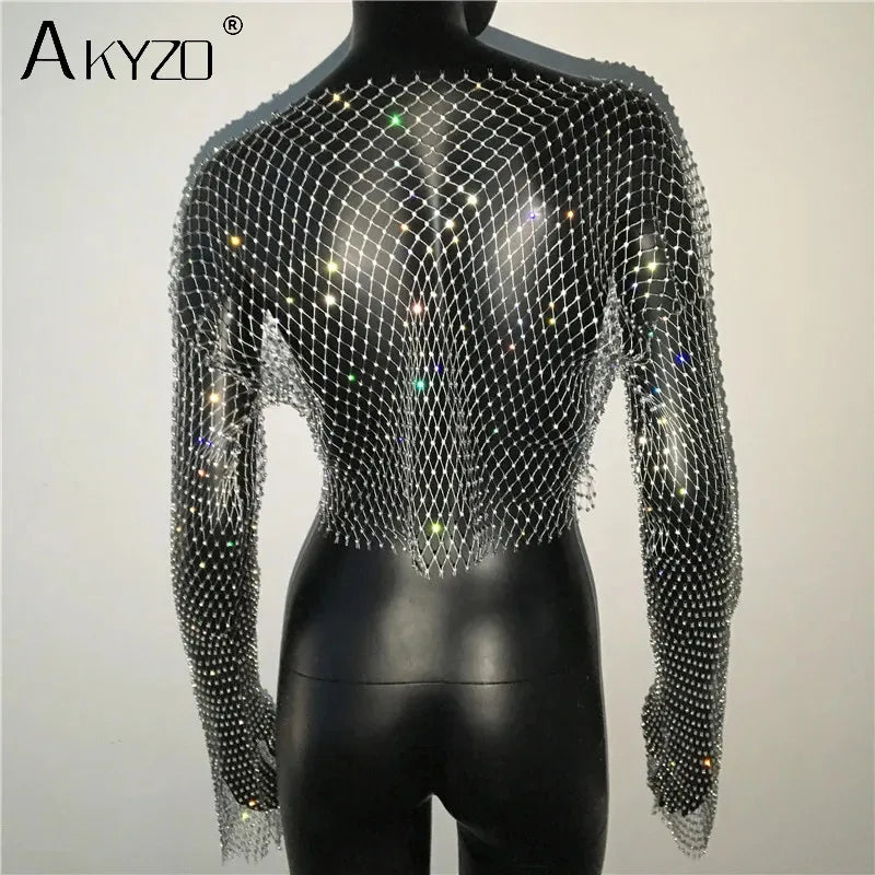Autumn Women Sexy See Through Fishnet T Shirt Glitter Rhinestone Hollow Mesh Long Sleeve Crop Tops Nightclub Party Festival Top