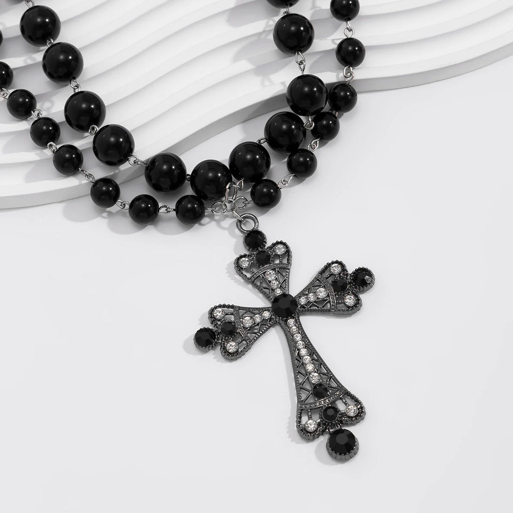 IngeSight.Z Trendy Goth Large Cross Pendant Necklace Elegant Charming Imitation Pearl Woman Choker Y2K Neck Jewelry Accessories