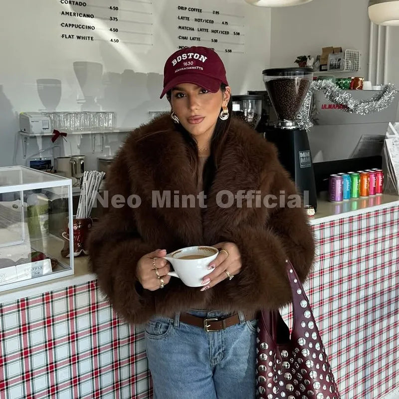 Neo Mint Winter 2025 Trendy Brown Obsession Cropped Shawl Collar Faux Fur Coat Women Jacket Chic Girls Brand Fox Fur Outerwear