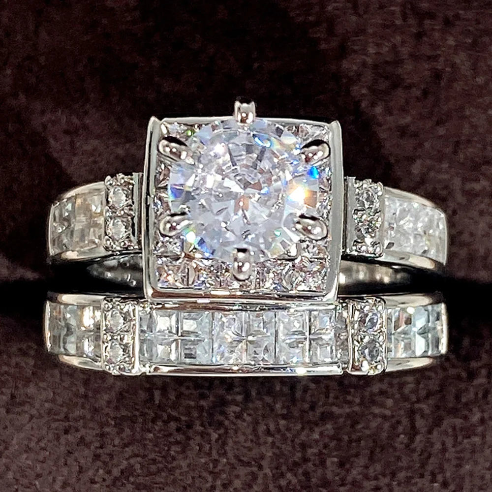 Huitan Set Lady Rings Luxury Wedding Engagement Party Finger Accessories Inlaid Shining Cubic Zirconia Graceful Fashion Jewelry