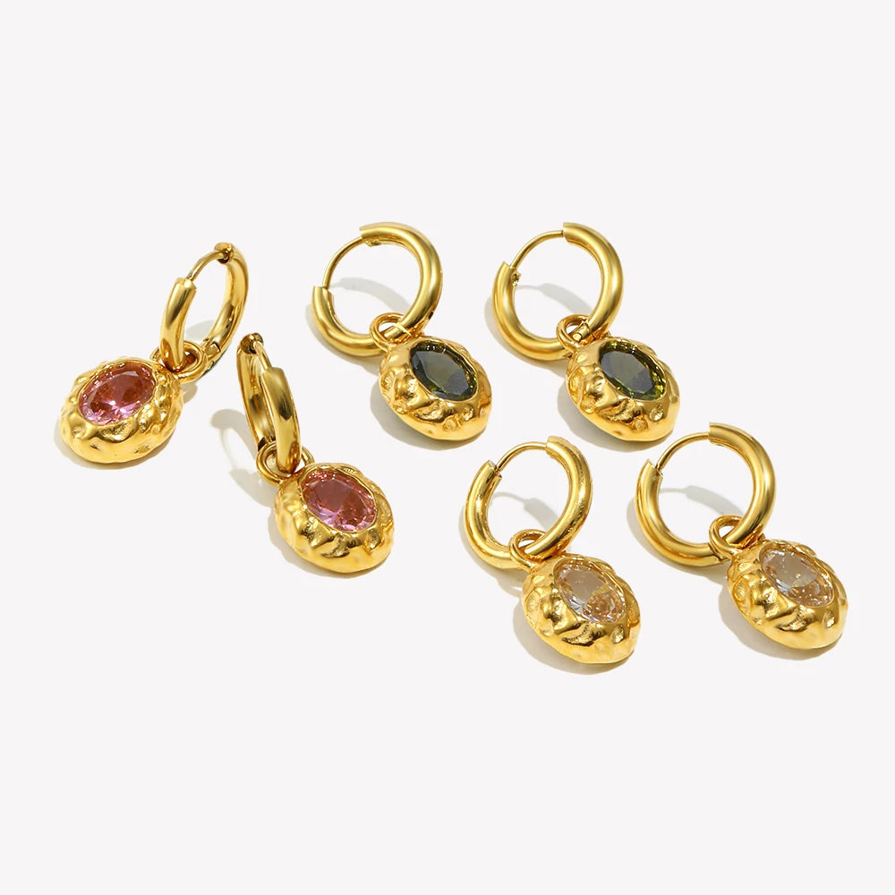 E.B.belle Colorful Zircon Stone Hoop Earring Hammered Pattern Oval Earrings Stainless Steel Gold Plated For Women's Gift