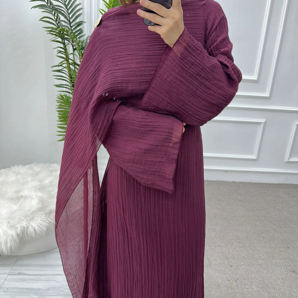 Two Piece Middle East Muslim Cardigan Set for Women Ramadan Eid Dubai Modest Abaya Dress Elegant Islam Solid Turkey Robe Outfit