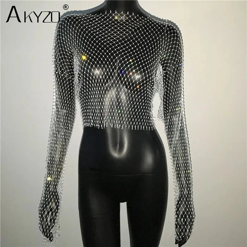 Autumn Women Sexy See Through Fishnet T Shirt Glitter Rhinestone Hollow Mesh Long Sleeve Crop Tops Nightclub Party Festival Top
