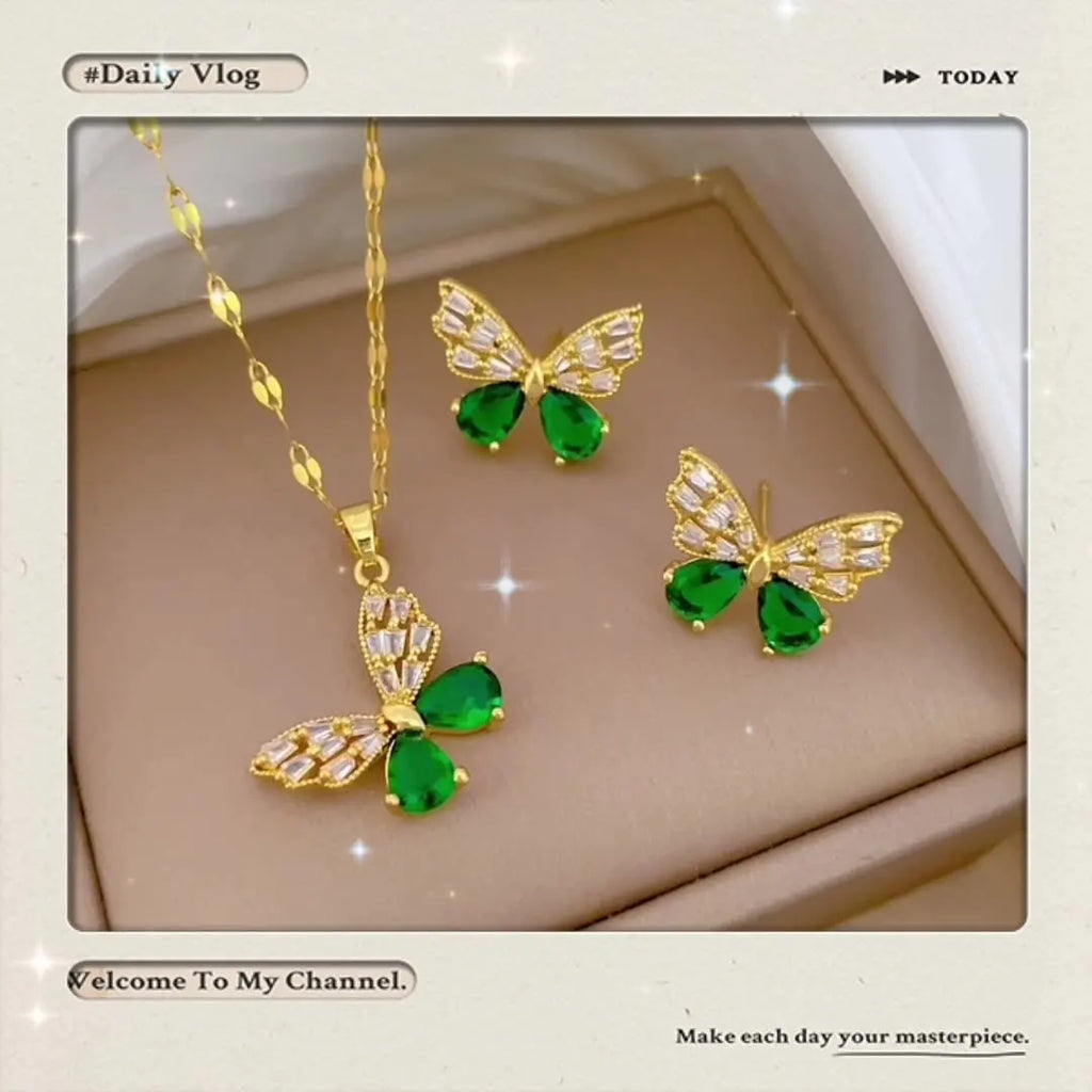 DIEYURO 316L Stainless Steel Steell Green Crystal Hollow Out Butterfly Necklace Earring Set For Women New Fashion Jewelry Gift
