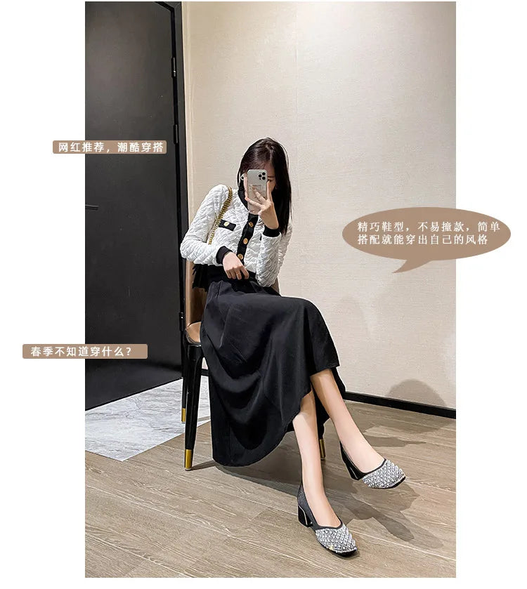 2025 Spring Summer Women Fashion Pumps New OL Party Square Casual High Heels Shoes Ladies Rhinestone Pearl Loafers 35-43