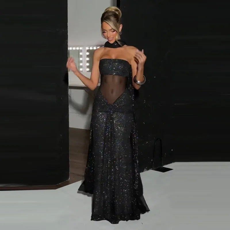 Elegant Ribbon Sequined Long Knotted Dress Sleeveless Strapless See Through Pleated Dresses 2026 Spring Lady Party Evening Robes
