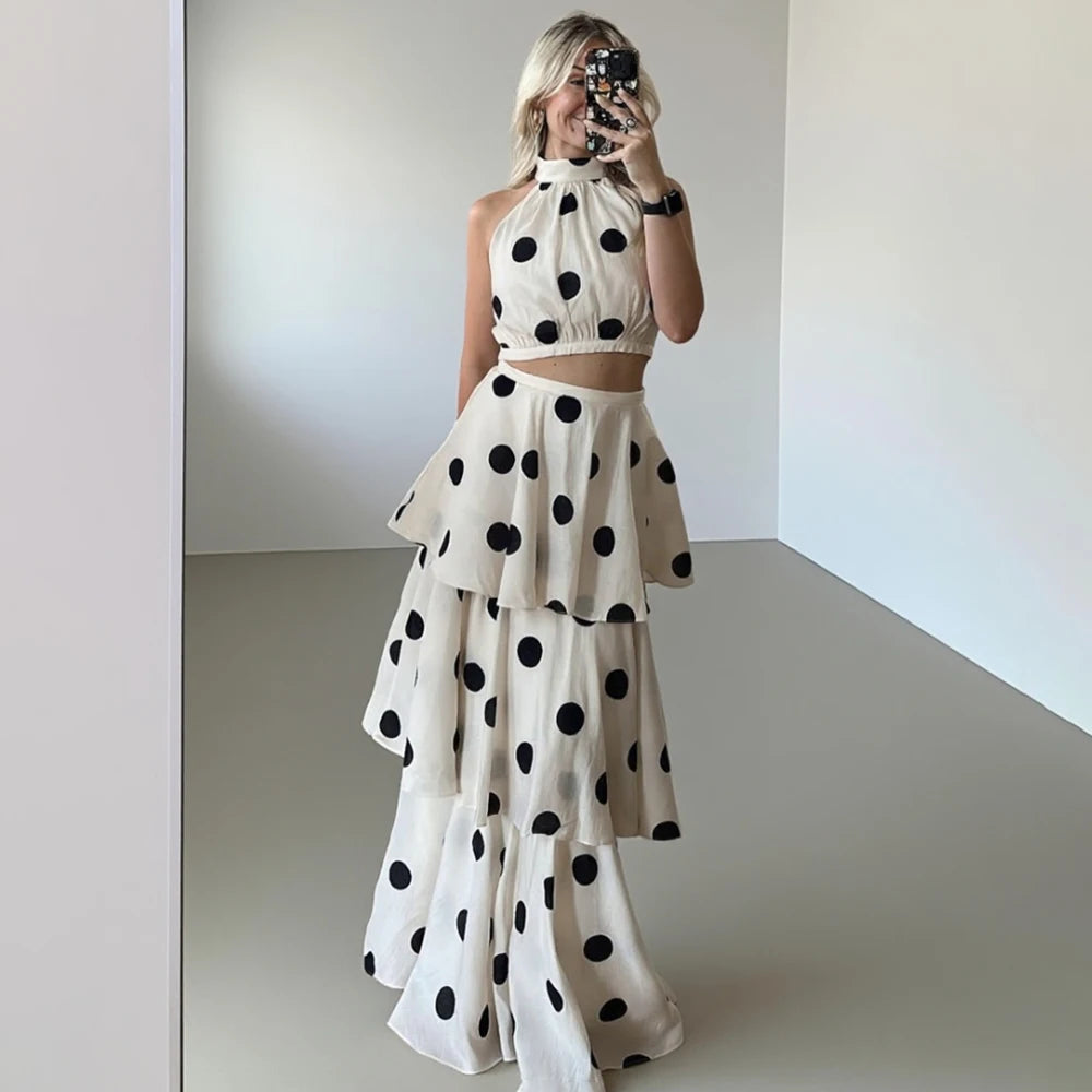 Tuularose Women's 2-Piece Long Sleeveless Polka Dot Dress Set with Ruffle Pleated Skirt Elegant O-Neck Top Sexy Ankle-Length Party Dress