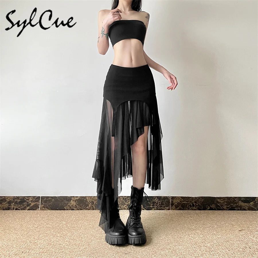 Nibber 2024 Summer Solid Color Simple All-match Casual Sexy Fimbriate High Street Trendy Cool Women's Laminated Ruffled Skirt