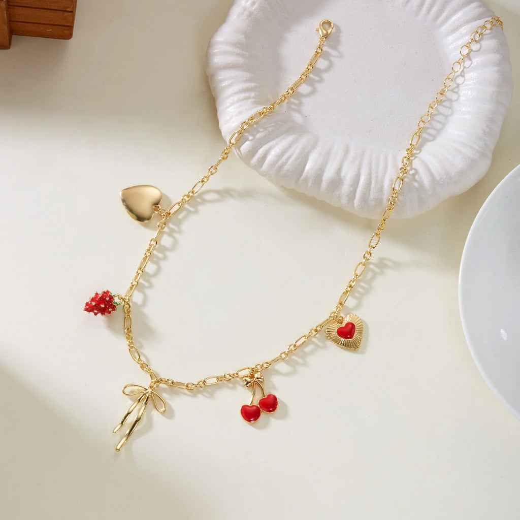 2026 Fashion Charm Cherry Heart Pendant Necklace for Women Red Strawberry Bow Pearl Clavicle Chain Aesthetic Party Jewelry