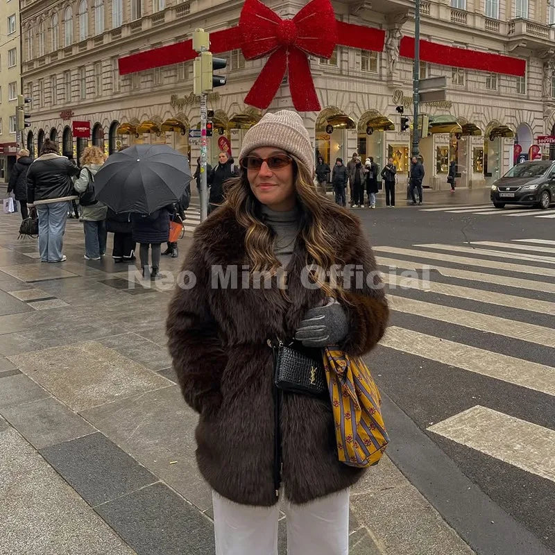 Neo Mint 2025 Winter Hot Brown Belted Faux Fur Coat Women Thick Warm Long Fox Fur Jacket Chic Brand Fashion Girls Furry Overcoat