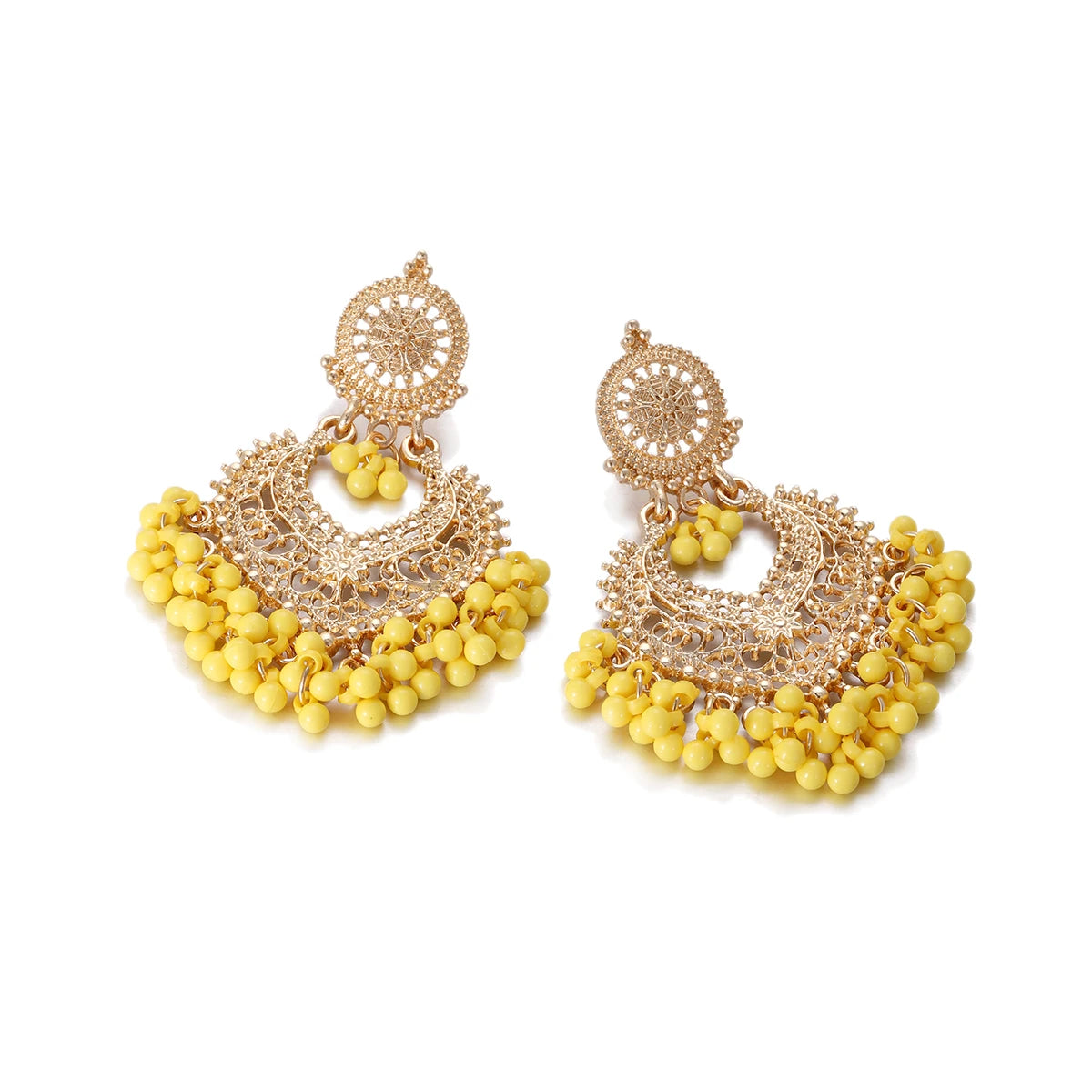 Boho Gold Color Heart Shape Carved Flower Dangle Earrings for Women Indian Jhumka Earrings