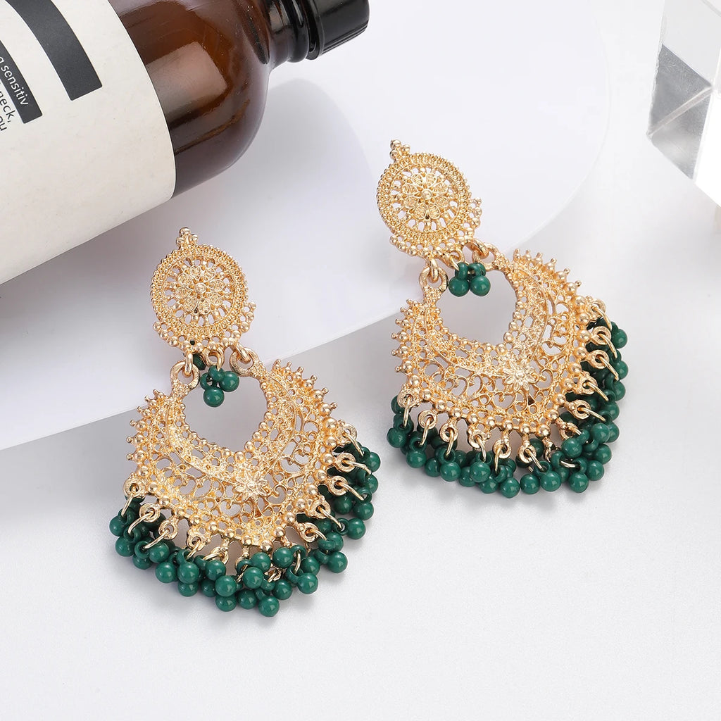 Boho Gold Color Heart Shape Carved Flower Dangle Earrings for Women Indian Jhumka Earrings