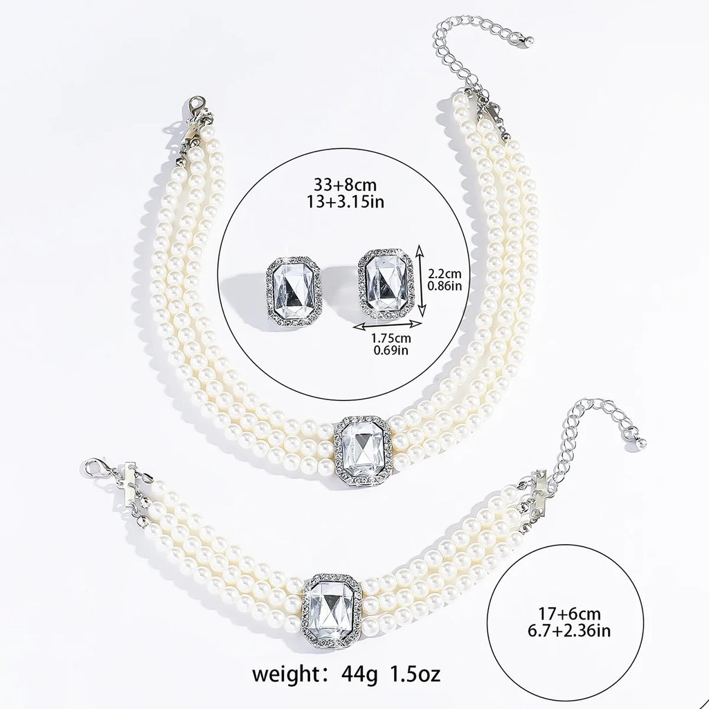 4PC Women's Fashion Light Luxury Short Style Imitation Pearl Turquoise Necklace Earrings Bracelet Jewelry Set Party Festival Gif