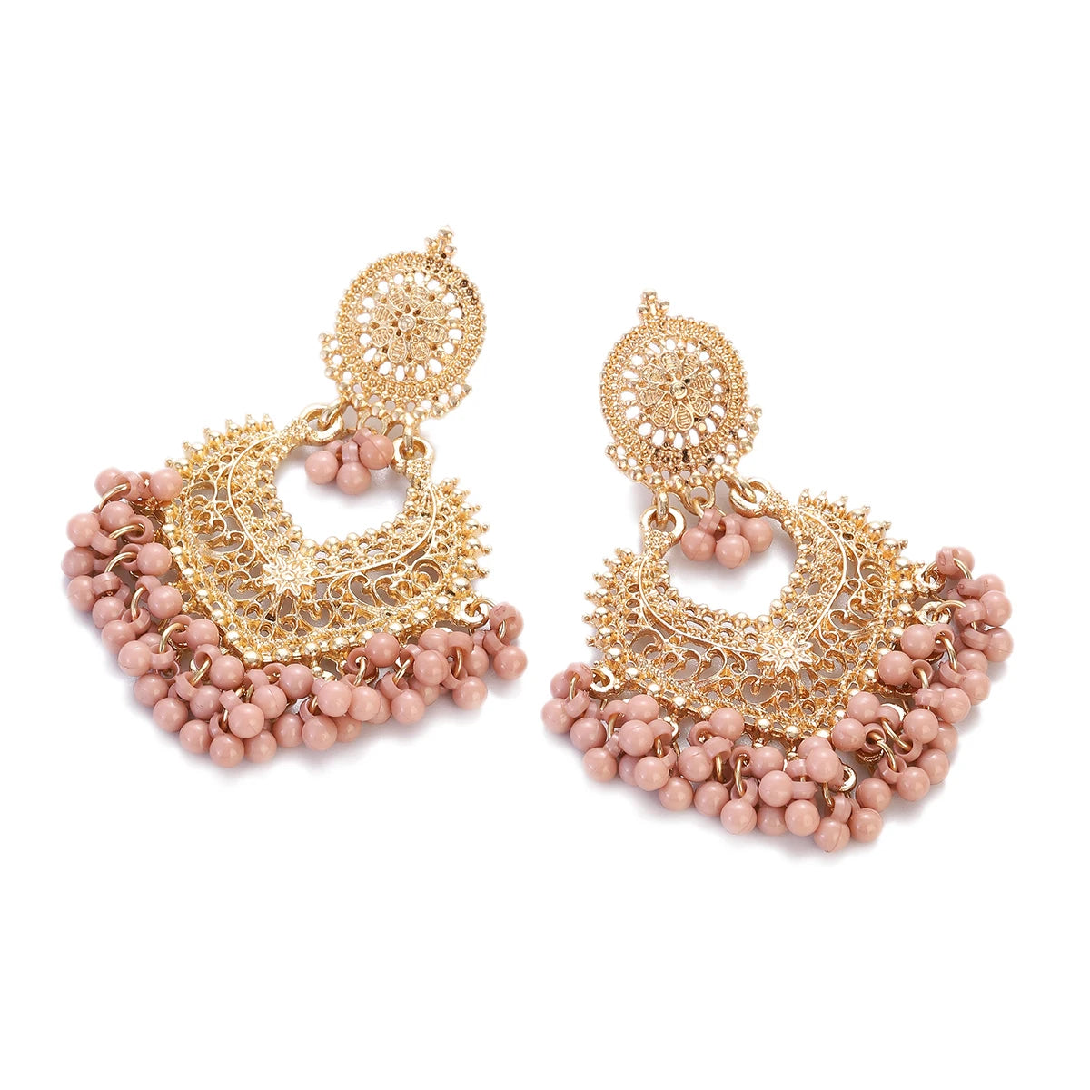 Boho Gold Color Heart Shape Carved Flower Dangle Earrings for Women Indian Jhumka Earrings