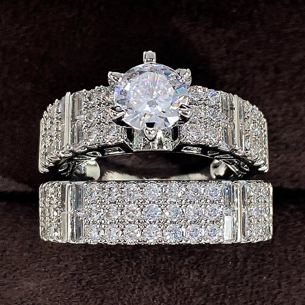 Huitan Set Lady Rings Luxury Wedding Engagement Party Finger Accessories Inlaid Shining Cubic Zirconia Graceful Fashion Jewelry