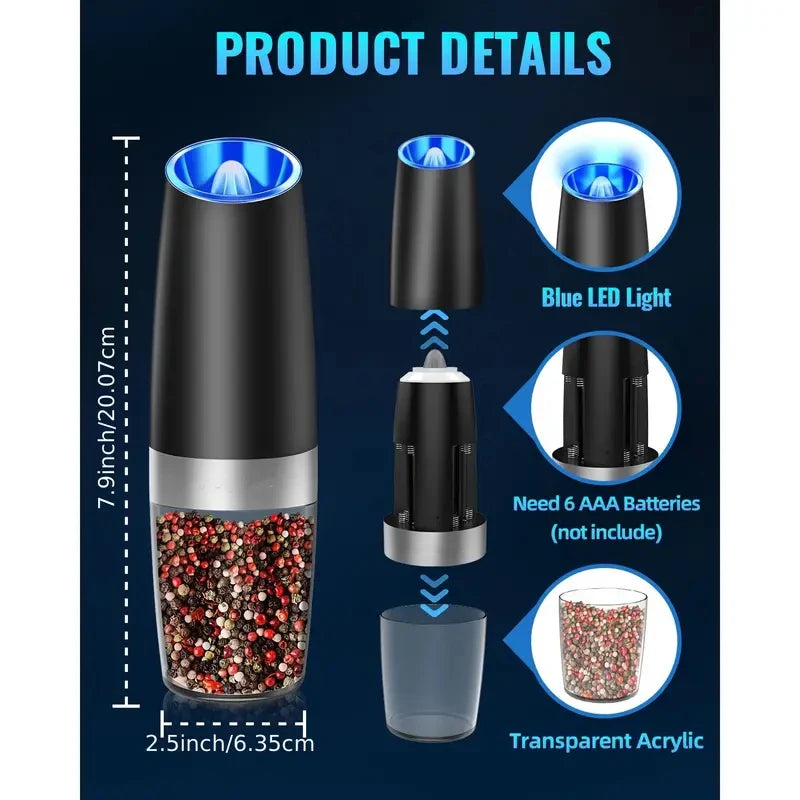 Gravity Electric Salt And Pepper Mill, Tilt To Grind Automatically, Battery Powered, Coarseness Adjustable, Upgraded Large Capac