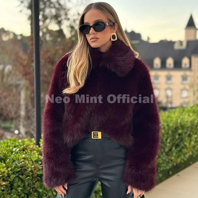 Neo Mint Ins Blogger Brand Fashion Burgundy Obsession Faux Fur Coat Women Winter 2025 Vintage Brown Fox Fur Jacket Warm Overcoat