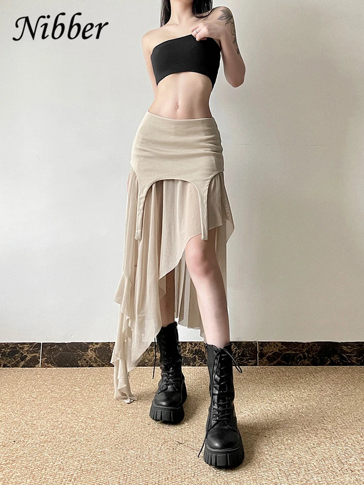 Nibber 2024 Summer Solid Color Simple All-match Casual Sexy Fimbriate High Street Trendy Cool Women's Laminated Ruffled Skirt