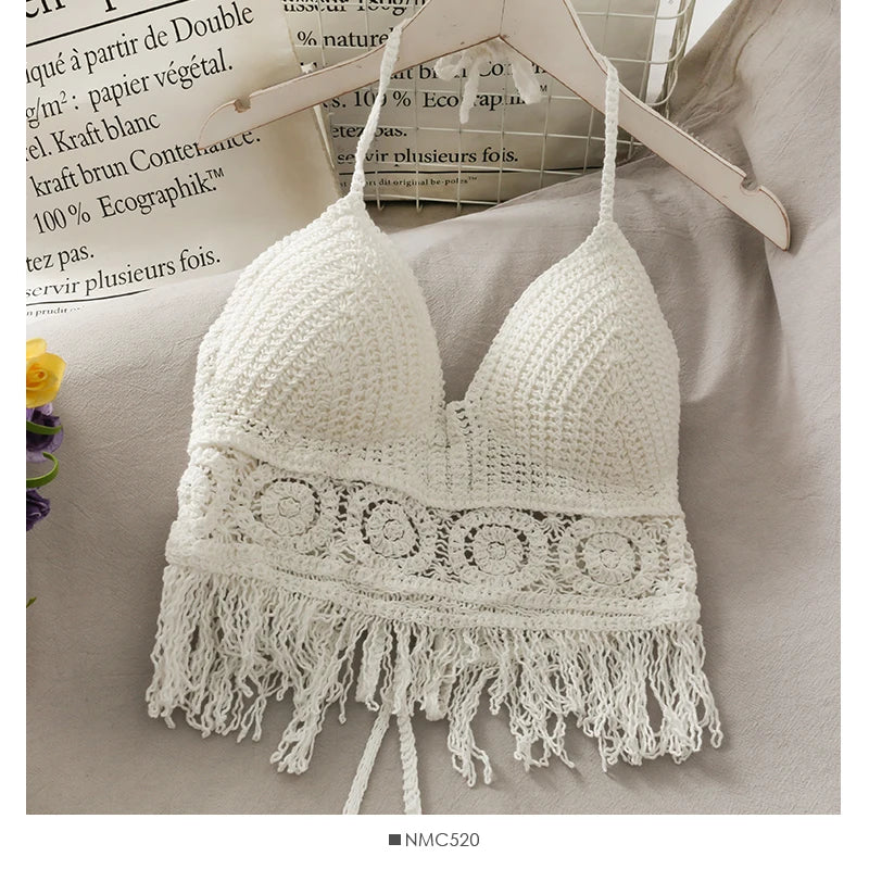 2025 Crop Tops Retro Wild Hollow Perspective Tassel Sexy Spaghetti Strap Tanke Top Women Built In Bra New Back Lace Halter Neck