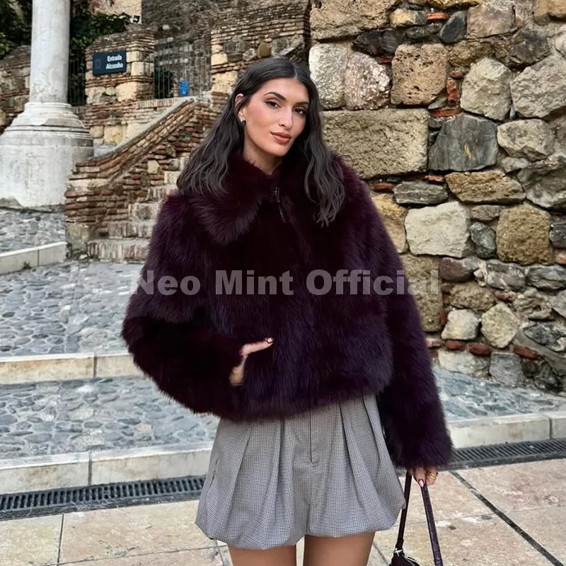 Neo Mint Ins Blogger Brand Fashion Burgundy Obsession Faux Fur Coat Women Winter 2025 Vintage Brown Fox Fur Jacket Warm Overcoat