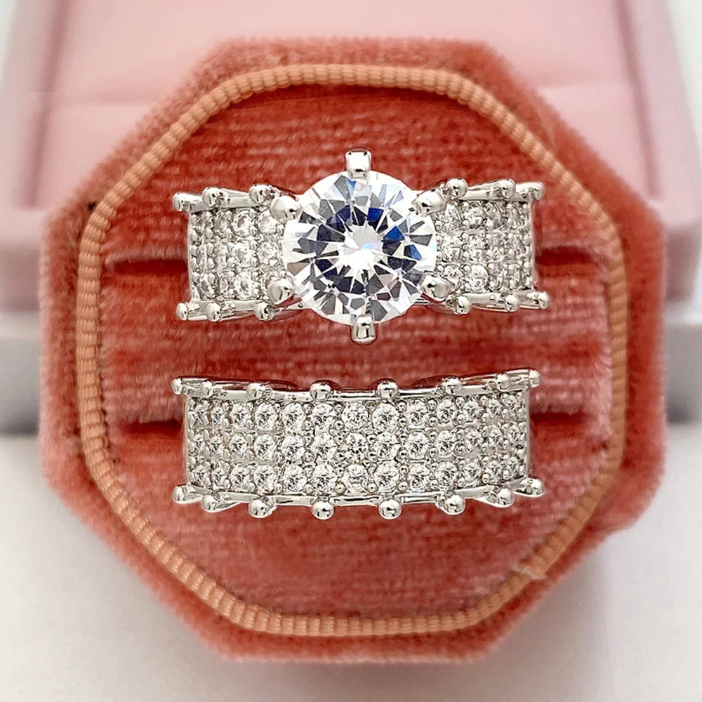 Huitan Set Lady Rings Luxury Wedding Engagement Party Finger Accessories Inlaid Shining Cubic Zirconia Graceful Fashion Jewelry