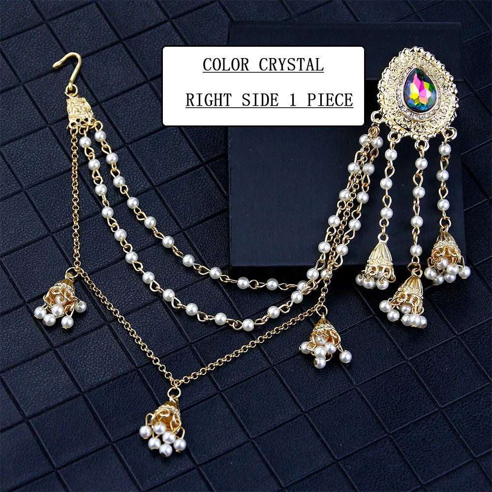 Sunspicems Fashion Indian Earring Link Headdress Jewelry Handmade Bead Chain With Metal Pendant Gold Color Bridal Bijoux Gift