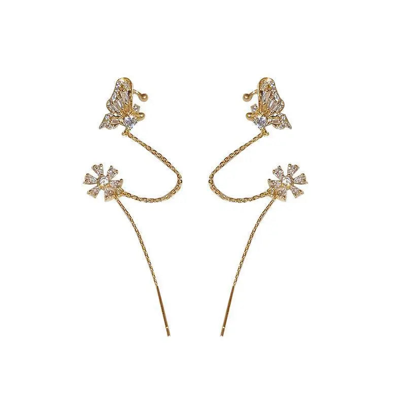 New Arrival Shiny Crystal Butterfly Ear Cuff Clip Earrings For Women Fashion Tassel Chain Flower Stud Earrings Wedding Jewelry