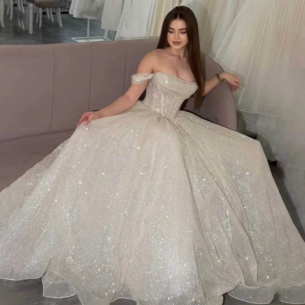Glitter Off the Shoulder Tulle Evening Dresses Boat-neck A-line Ruched Plain Prom Dress Luxurious Long Formal Party Ball Gowns