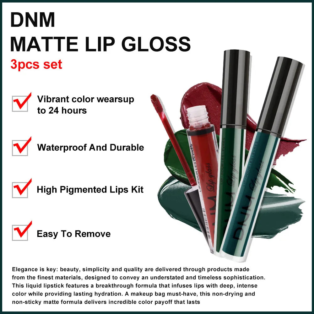 New 3pcs/set Liquid Lipstick Waterproof Long Lasting Cosmetic Black Blue Purple Green Matte Lip Gloss Nude Lip Tint Stain Makeup