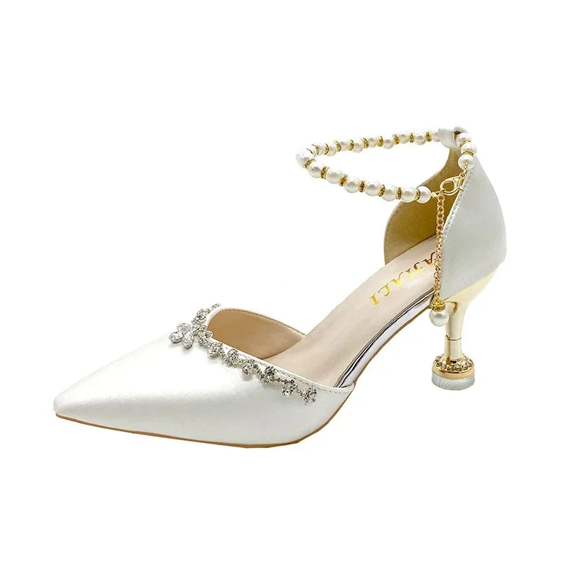 Pointed Toe Baotou Sandals Women's 2025 New Stiletto Hollow Single Shoes Versatile Pearl Strap Women's Shoes
