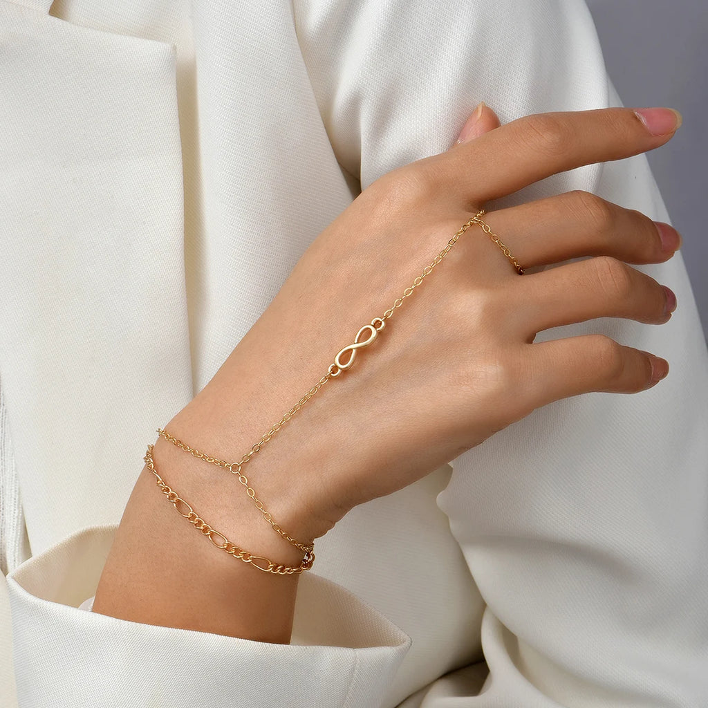 Simple Heart Pendant Chain Bracelet Link Connected Gold plated Wide Finger Ring Bracelets for Women Link Hand Harness Jewelry
