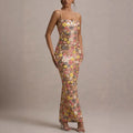 Summ Women Flowers Sequin Patchwork Slim Party Long Dress Strapless Fashion Maxi Dress, Sexy Sleeveless Ladies Dress Vestidos