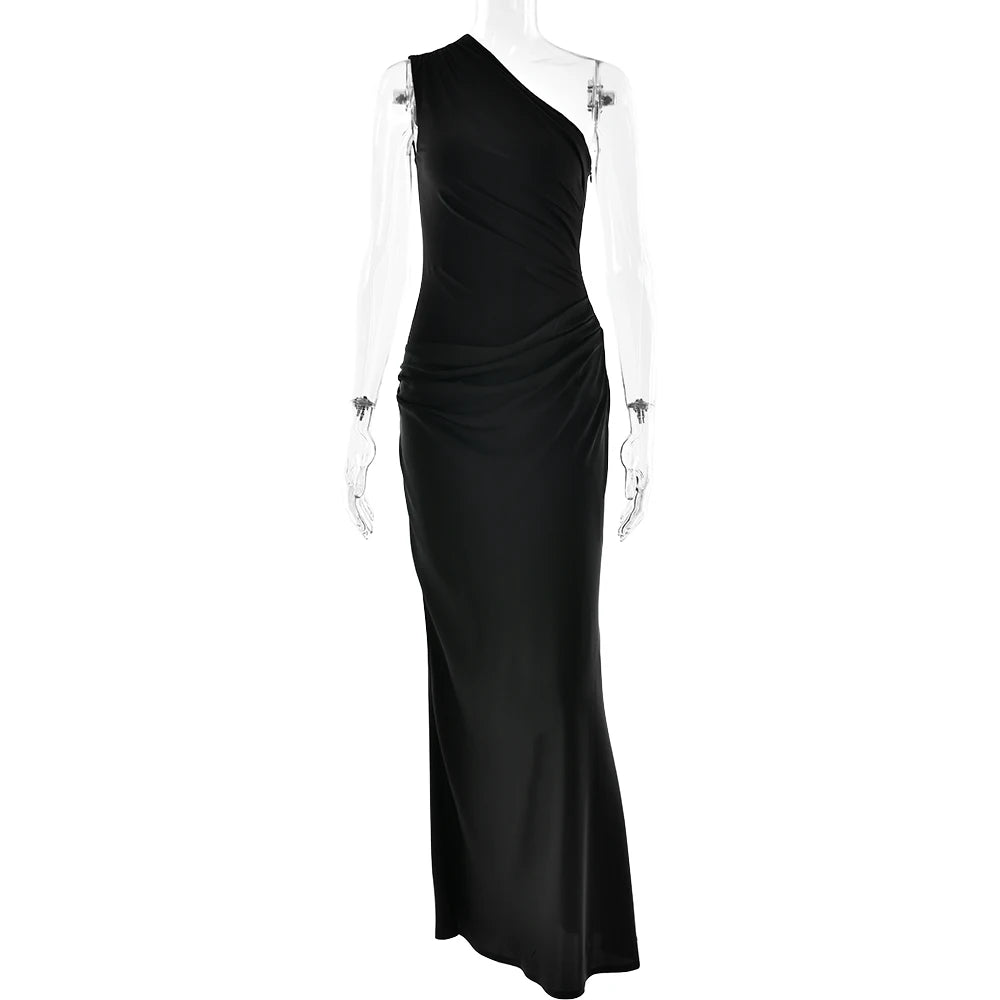 JULISSA MO Patchwork Satin Sexy One Shoulder Women Maxi Dress Brown Sleeveless Evening Dress Summer Slim Elegant Party Clubwear