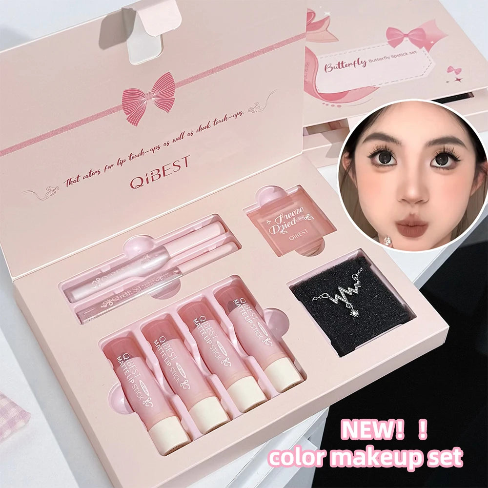 7Pcs/Box Makeup Sets 4PCS Velvet Nude Liquid Lipstick,1 Lip Cream,1 Lip Oil,1 Face Blush Palette And Necklace Gift Cosmetic Kits