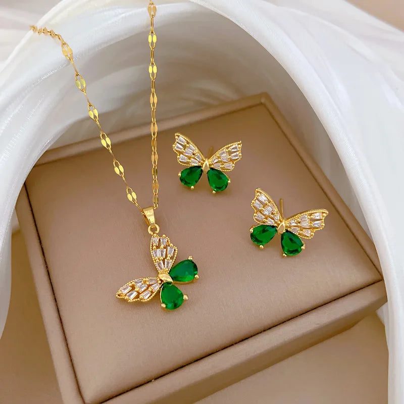 DIEYURO 316L Stainless Steel Steell Green Crystal Hollow Out Butterfly Necklace Earring Set For Women New Fashion Jewelry Gift