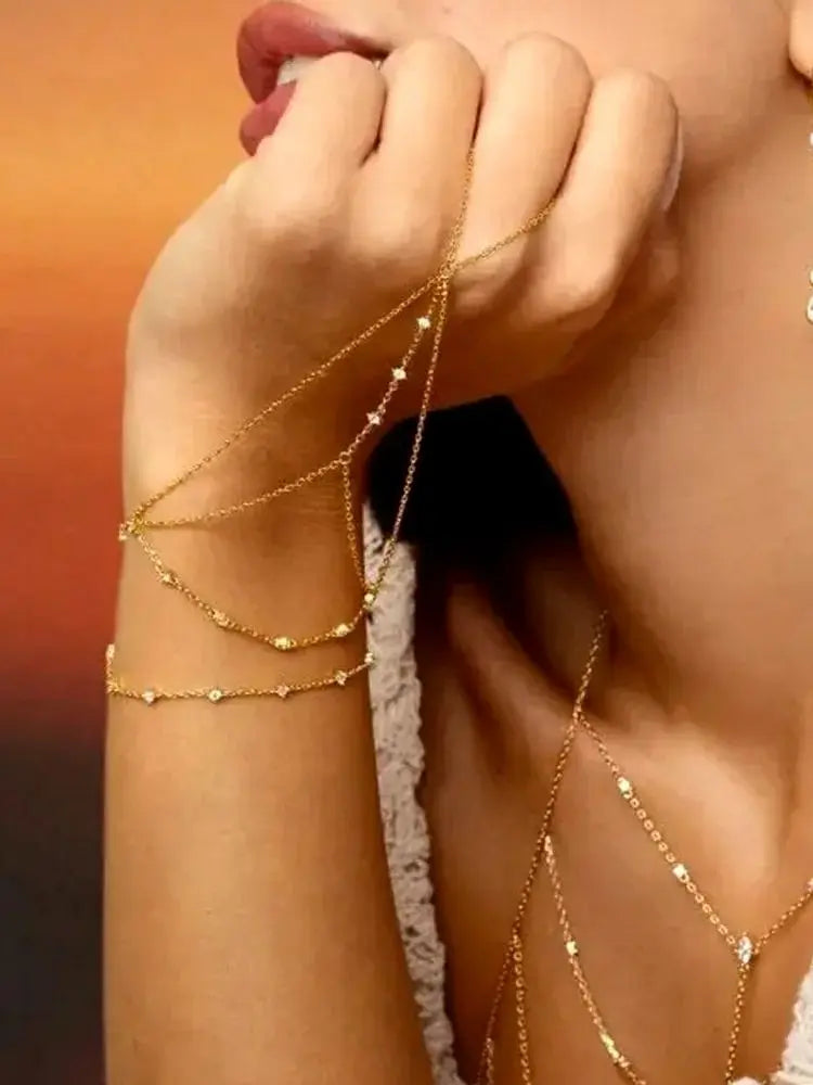 2025 New Micro Pave Clear CZ Tassel Hand Chain Bracelet Gold Color With Round CZ Station Double Chain Fashion Women Jewelry